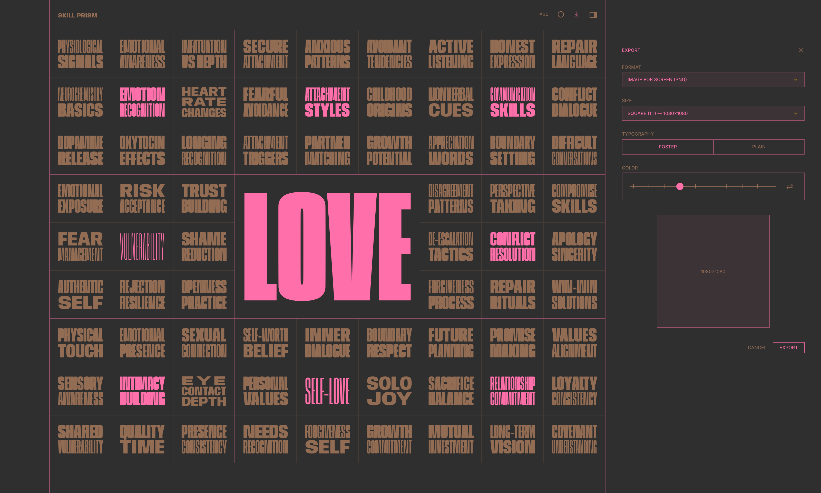 Skill Prism — love, exporting as a square PNG