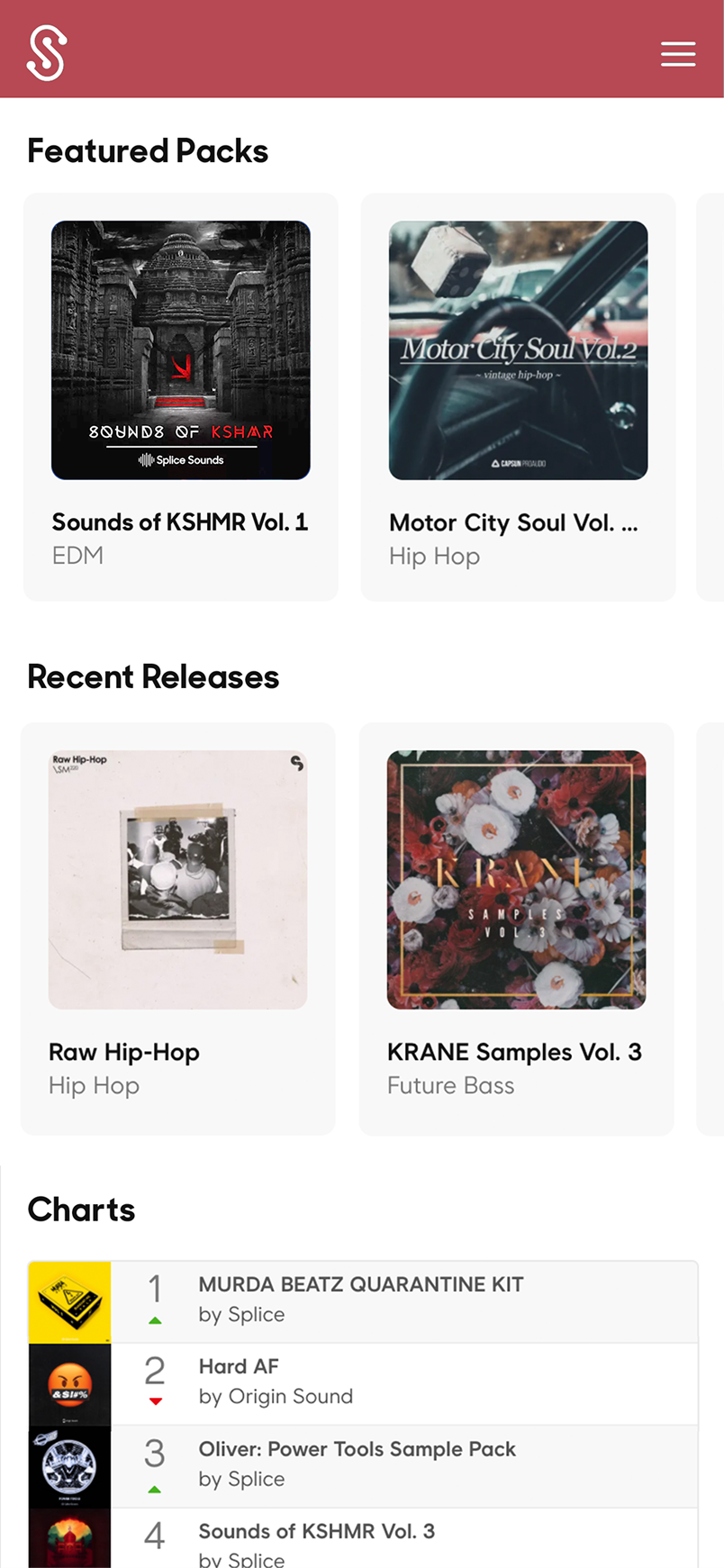 Splice Sounds discovery surface — featured packs, recent releases, and charts