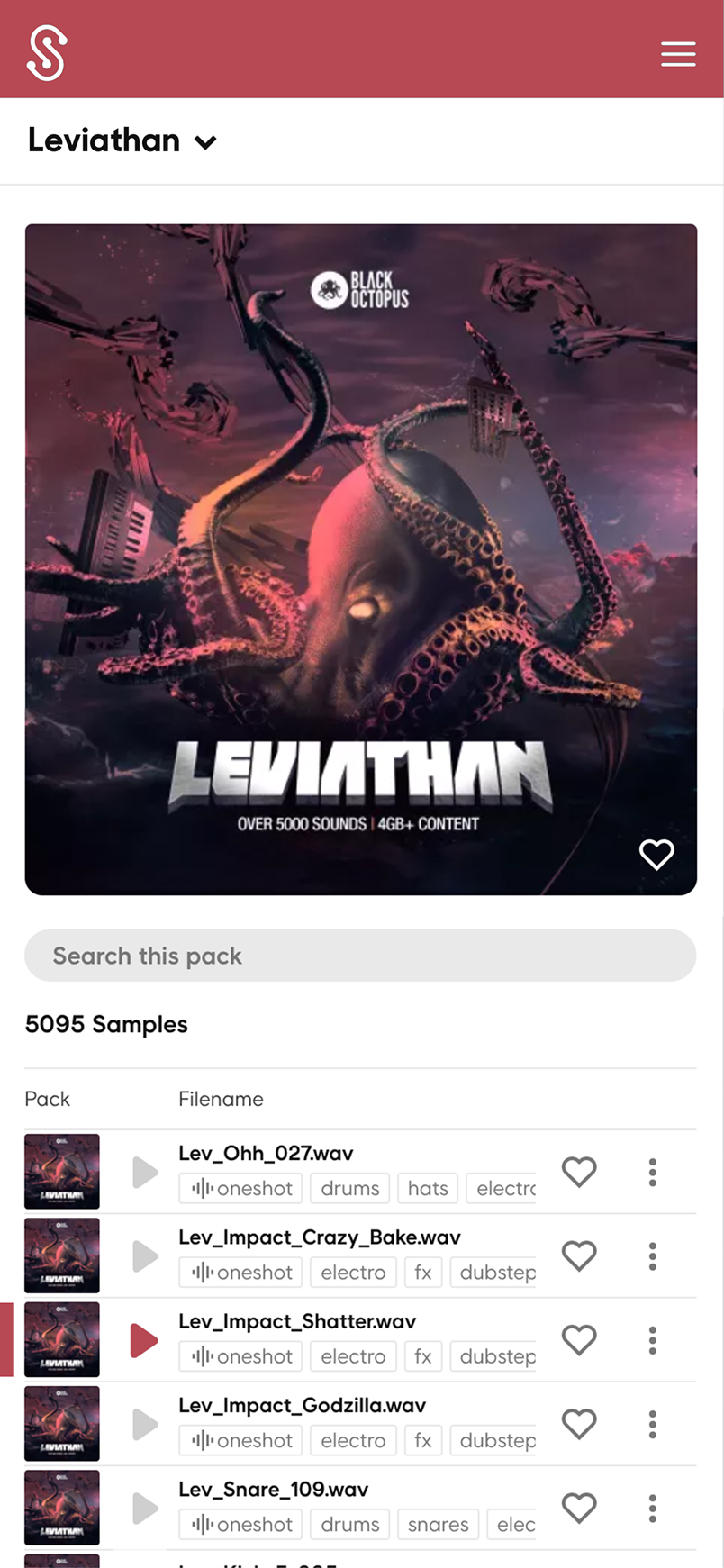 Splice Sounds pack detail with a playable sample list