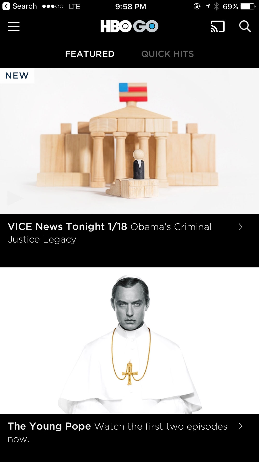 HBO Now landing page featuring the Obama Legacy series during its premiere week