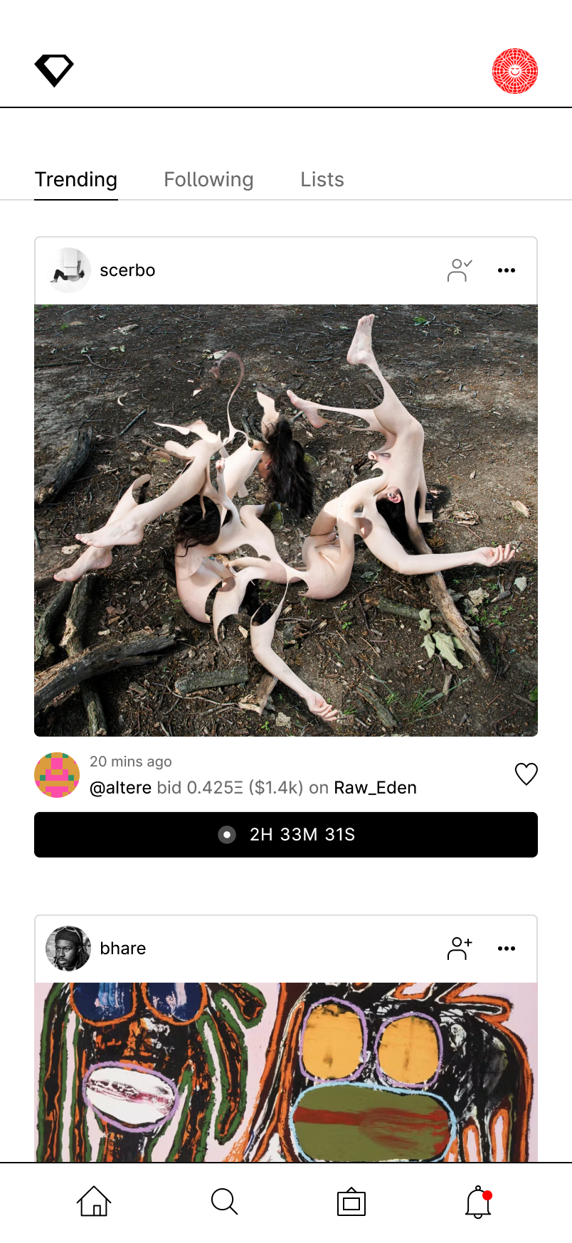 SuperRare social feed on mobile