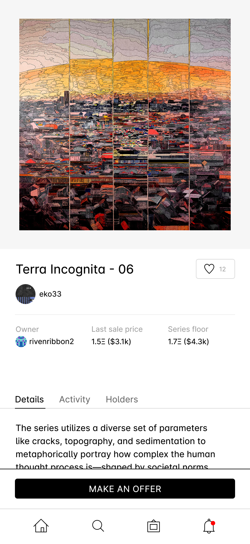 SuperRare artwork detail page on mobile